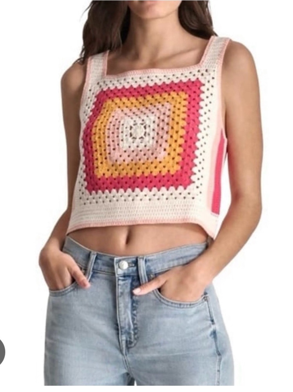 DKNY Crochet Square Crop Top in White, Pink, Mustard & Red